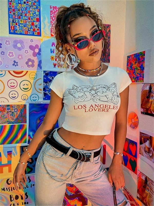 Y2K Los Angeles Lovers White Crop Tee - Trending Streetwear Fashion