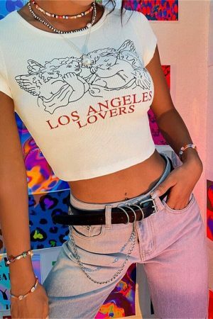 Y2K Los Angeles Lovers White Crop Tee - Trending Streetwear Fashion