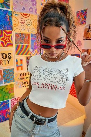 Y2K Los Angeles Lovers White Crop Tee - Trending Streetwear Fashion