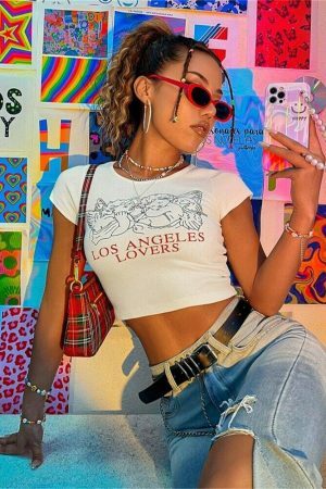 Y2K Los Angeles Lovers White Crop Tee - Trending Streetwear Fashion