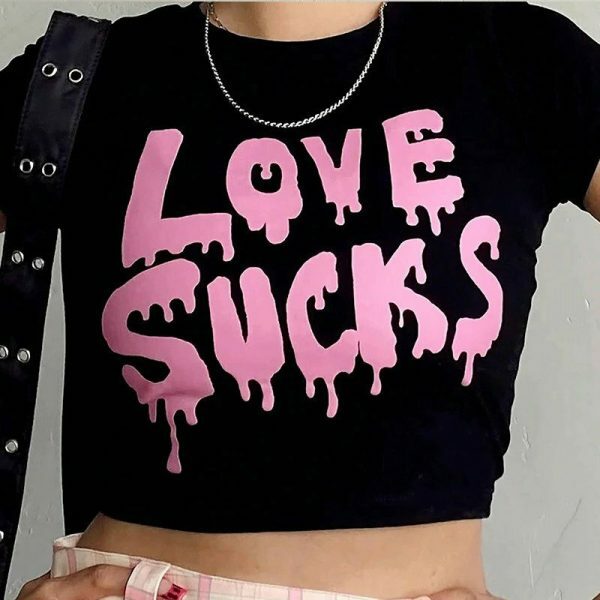 Y2K Love Sucks Black Crop Tee - Vintage Streetwear Fairy Trash Top