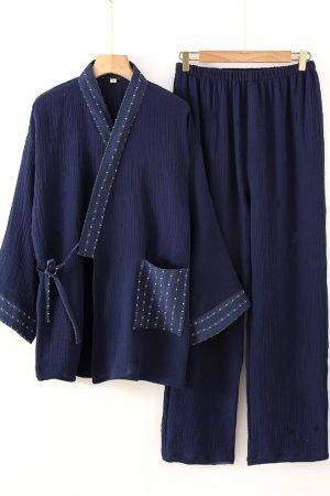 Y2K Men's Patchwork Kimono Robes Pajama Set, Cotton Linen Design