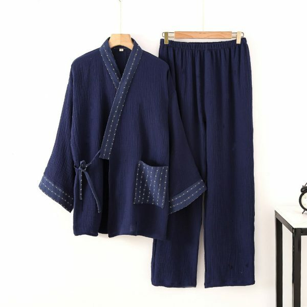 Y2K Men's Patchwork Kimono Robes Pajama Set, Cotton Linen Design