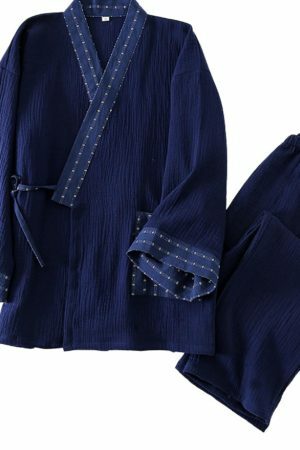 Y2K Men's Patchwork Kimono Robes Pajama Set, Cotton Linen Design