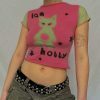 Y2K Meow Star Print Crop Top Tee, Hot Girl Streetwear Cute Pink Short Sleeve T-Shirt