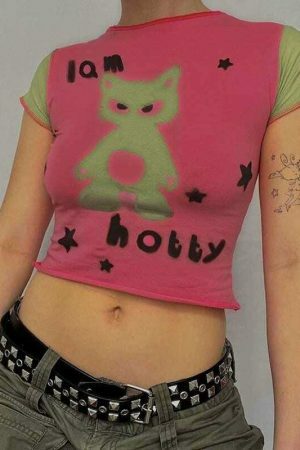 Y2K Meow Star Print Crop Top Tee, Hot Girl Streetwear Cute Pink Short Sleeve T-Shirt