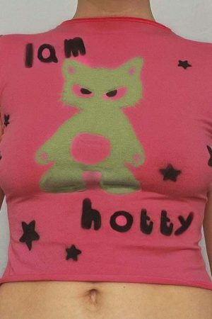 Y2K Meow Star Print Crop Top Tee, Hot Girl Streetwear Cute Pink Short Sleeve T-Shirt