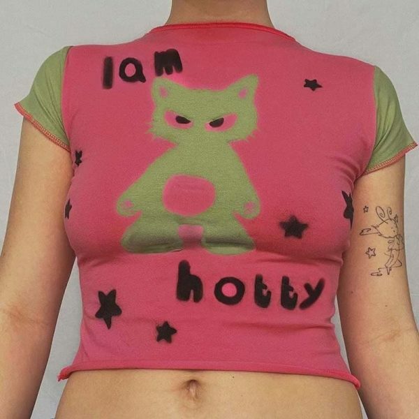 Y2K Meow Star Print Crop Top Tee, Hot Girl Streetwear Cute Pink Short Sleeve T-Shirt