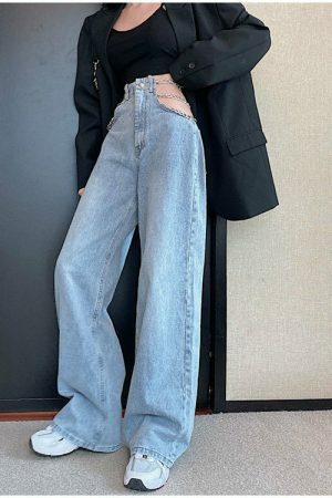 Y2K Metal Chain Baggy Wide Leg High Waist Denim Pants