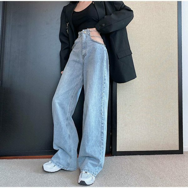 Y2K Metal Chain Baggy Wide Leg High Waist Denim Pants