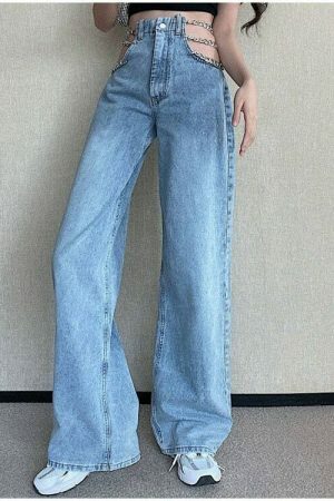 Y2K Metal Chain Baggy Wide Leg High Waist Denim Pants