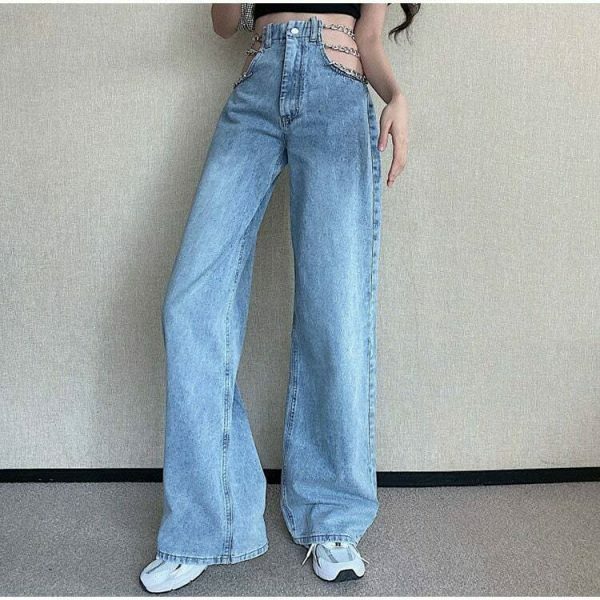 Y2K Metal Chain Baggy Wide Leg High Waist Denim Pants