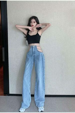 Y2K Metal Chain Baggy Wide Leg High Waist Denim Pants