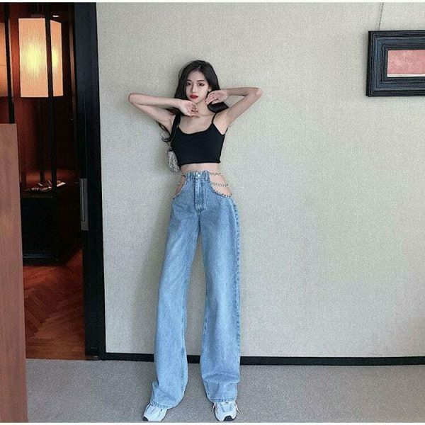 Y2K Metal Chain Baggy Wide Leg High Waist Denim Pants