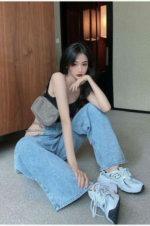 Y2K Metal Chain Baggy Wide Leg High Waist Denim Pants