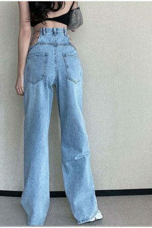 Y2K Metal Chain Baggy Wide Leg High Waist Denim Pants