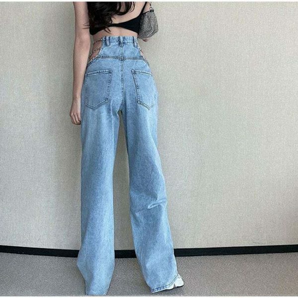 Y2K Metal Chain Baggy Wide Leg High Waist Denim Pants