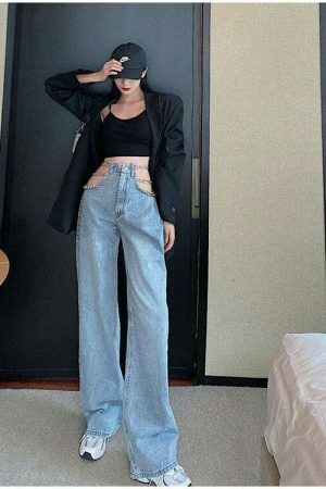 Y2K Metal Chain Baggy Wide Leg High Waist Denim Pants