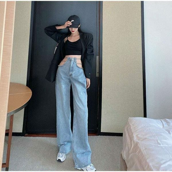 Y2K Metal Chain Baggy Wide Leg High Waist Denim Pants