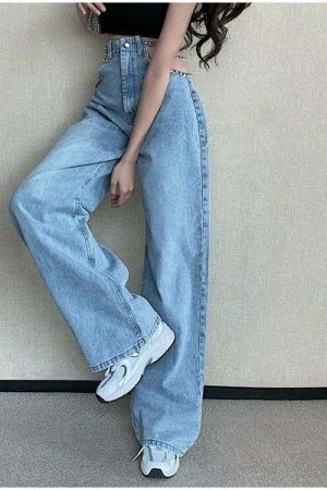 Y2K Metal Chain Baggy Wide Leg High Waist Denim Pants