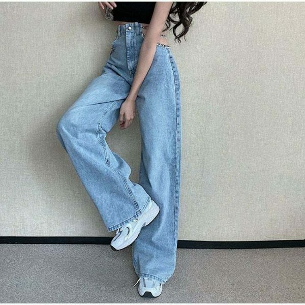 Y2K Metal Chain Baggy Wide Leg High Waist Denim Pants