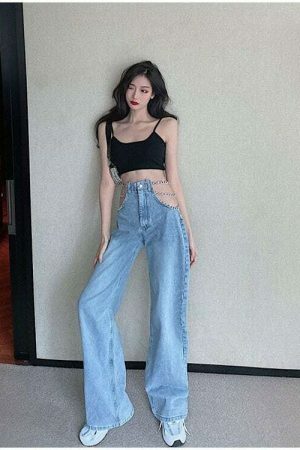 Y2K Metal Chain Baggy Wide Leg High Waist Denim Pants