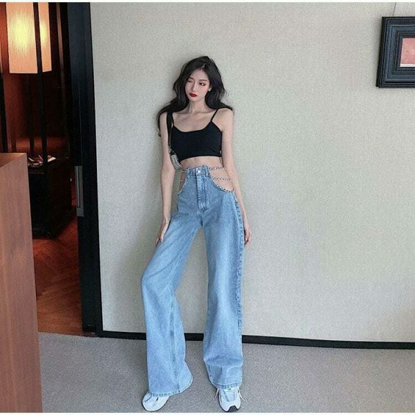 Y2K Metal Chain Baggy Wide Leg High Waist Denim Pants