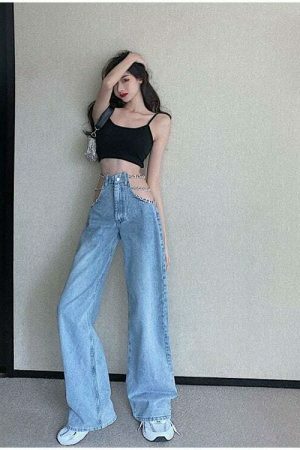 Y2K Metal Chain Baggy Wide Leg High Waist Denim Pants