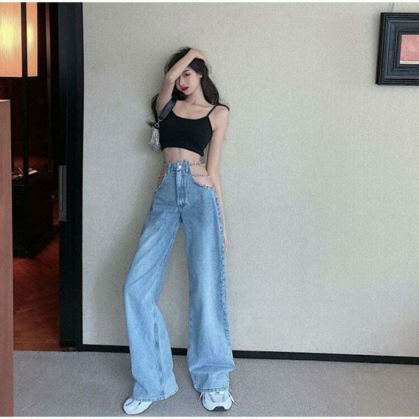 Y2K Metal Chain Baggy Wide Leg High Waist Denim Pants