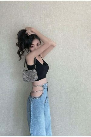 Y2K Metal Chain Baggy Wide Leg High Waist Denim Pants