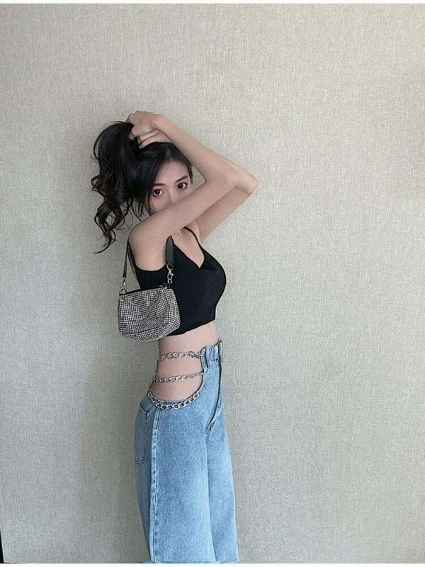 Y2K Metal Chain Baggy Wide Leg High Waist Denim Pants