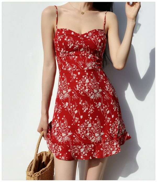 Y2K Milkmaid Red Floral Mini Dress - Streetwear Aesthetic