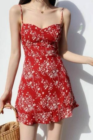 Y2K Milkmaid Red Floral Mini Dress - Streetwear Aesthetic