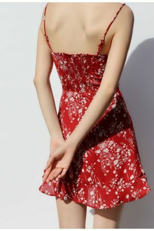 Y2K Milkmaid Red Floral Mini Dress - Streetwear Aesthetic