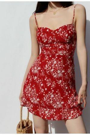 Y2K Milkmaid Red Floral Mini Dress - Streetwear Aesthetic