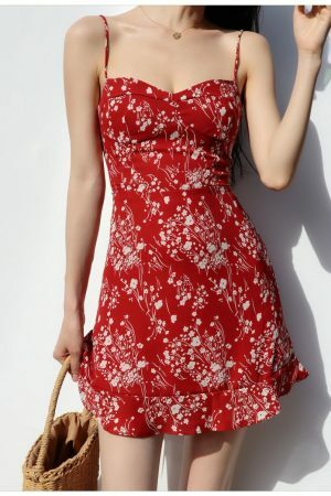 Y2K Milkmaid Red Floral Mini Dress - Streetwear Aesthetic