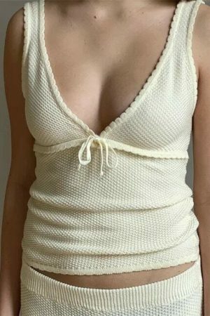 Y2K Milkmaid V-Neck Tank Top with Ruffle Detailing - Beige & Baby Blue