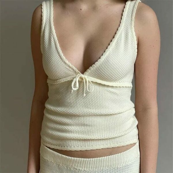 Y2K Milkmaid V-Neck Tank Top with Ruffle Detailing - Beige & Baby Blue