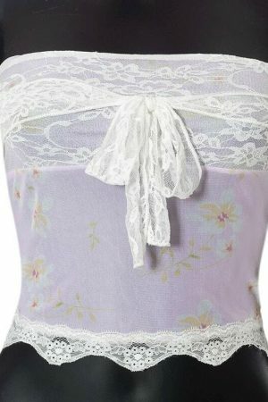 Y2K Millie Fairycore Floral Tube Top Lace Detail