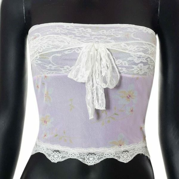 Y2K Millie Fairycore Floral Tube Top Lace Detail