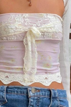 Y2K Millie Fairycore Floral Tube Top Lace Detail