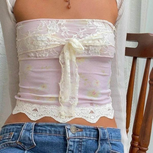 Y2K Millie Fairycore Floral Tube Top Lace Detail