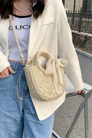 Y2K Mini Messenger Straw Bag - French Rattan Woven Beach Bag