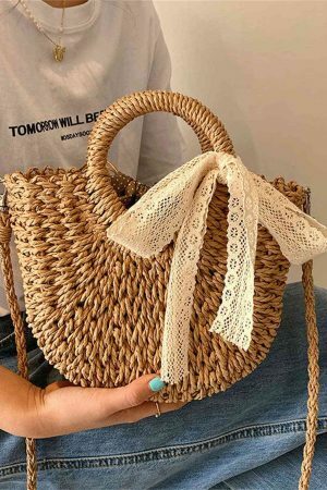 Y2K Mini Messenger Straw Bag - French Rattan Woven Beach Bag