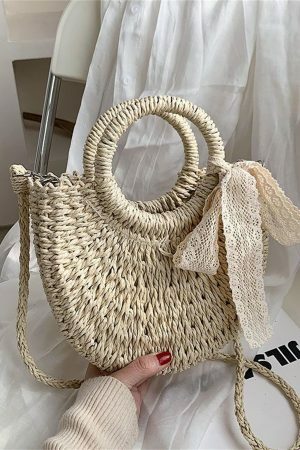 Y2K Mini Messenger Straw Bag - French Rattan Woven Beach Bag