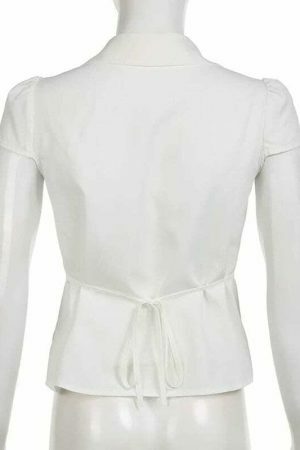 Y2K Minimal White Button-Up Shirt with Tie Detail