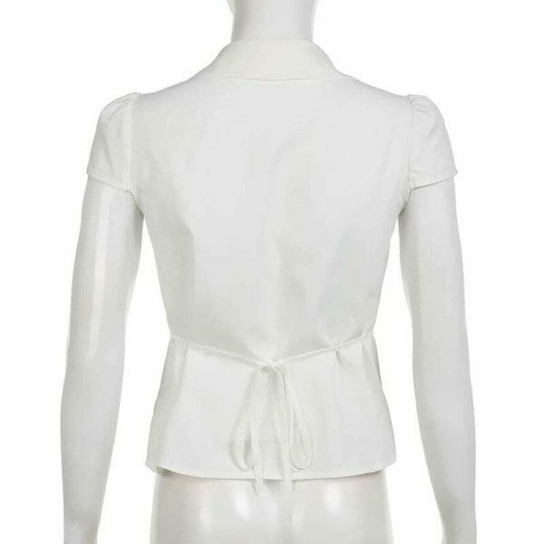 Y2K Minimal White Button-Up Shirt with Tie Detail