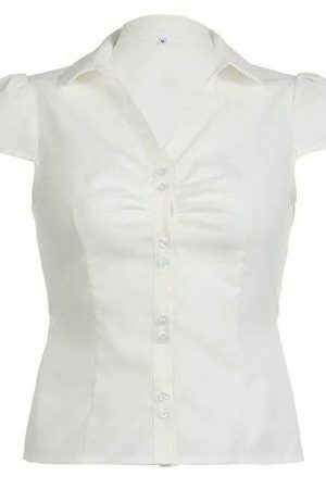 Y2K Minimal White Button-Up Shirt with Tie Detail