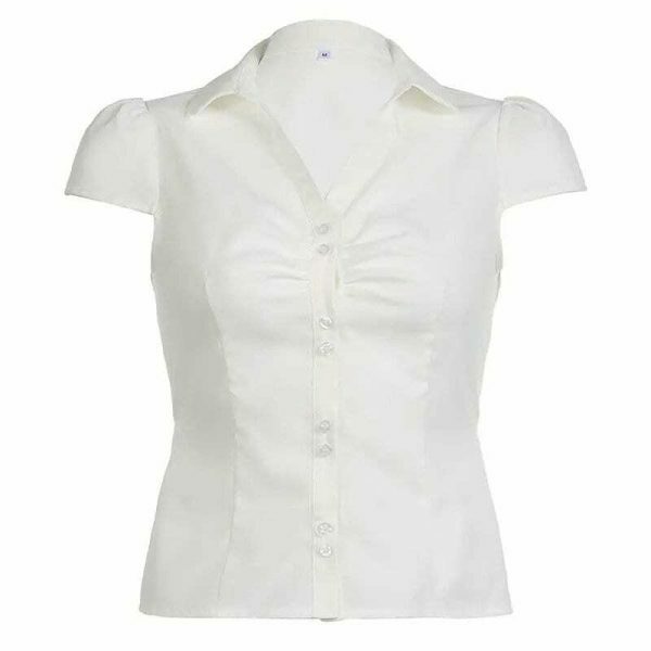 Y2K Minimal White Button-Up Shirt with Tie Detail