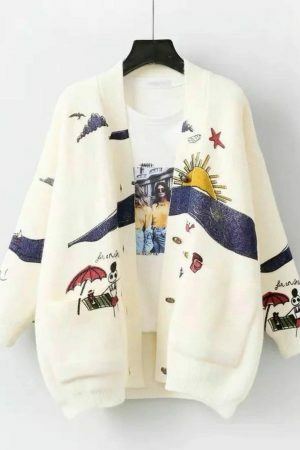 Y2K Mirage Sun Print Oversized Cardigan Sweater - Handmade Embroidered Knit Fashion Trend - Streetwear Aesthetics